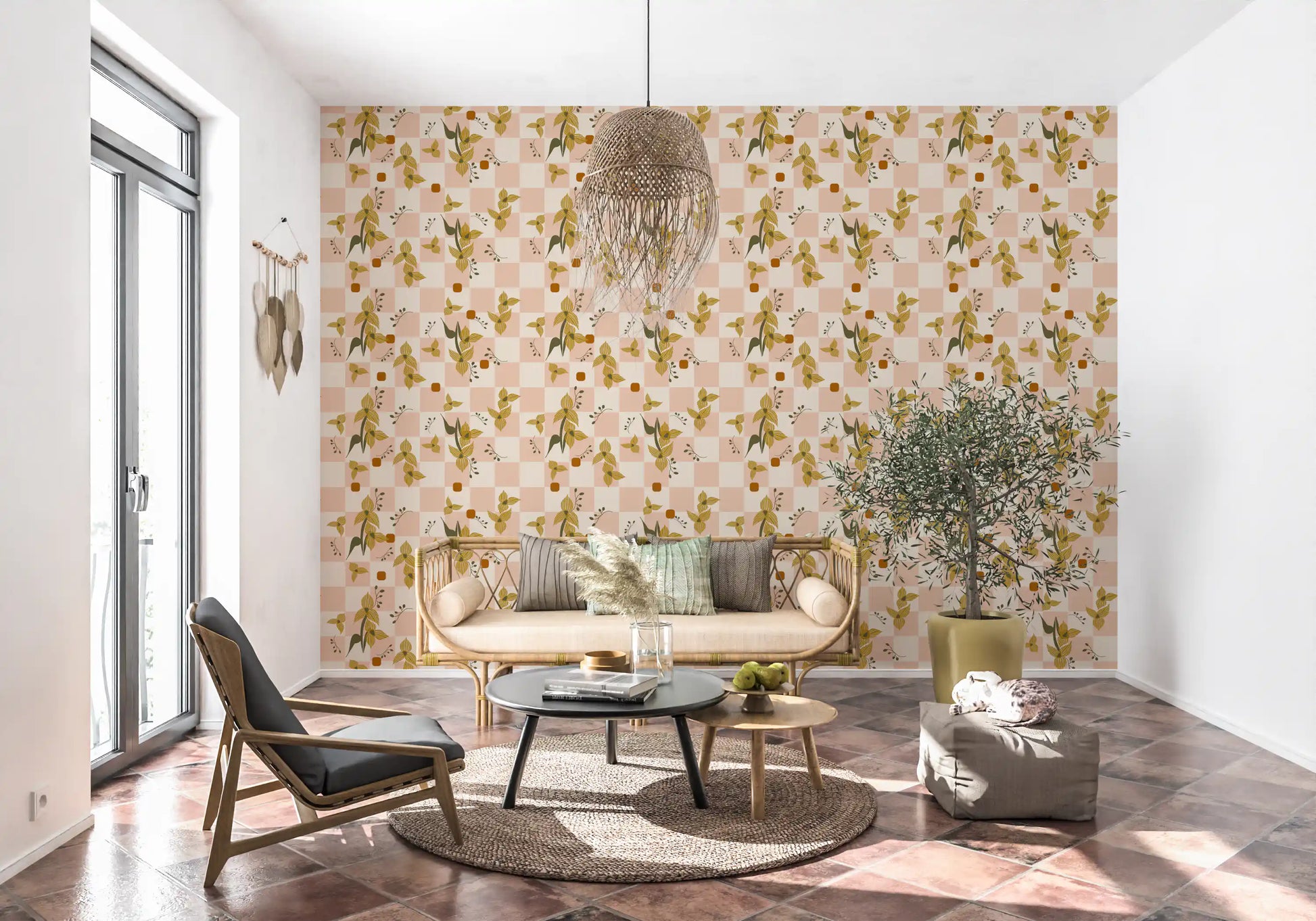 Pink bloom wallpaper showing square pattern sections and trailing stems