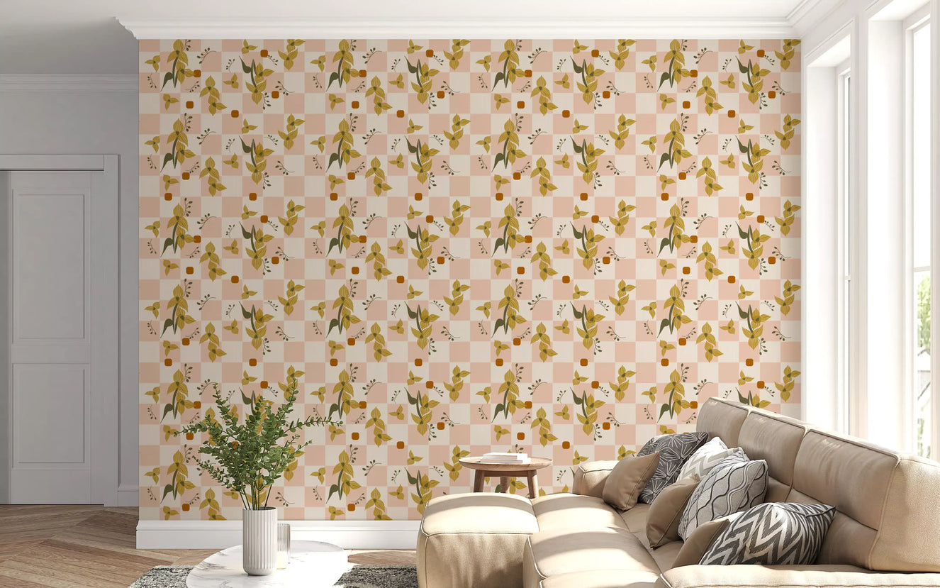 Living room with Pink Checker Floral Wallpaper and retro boho blossom blocks