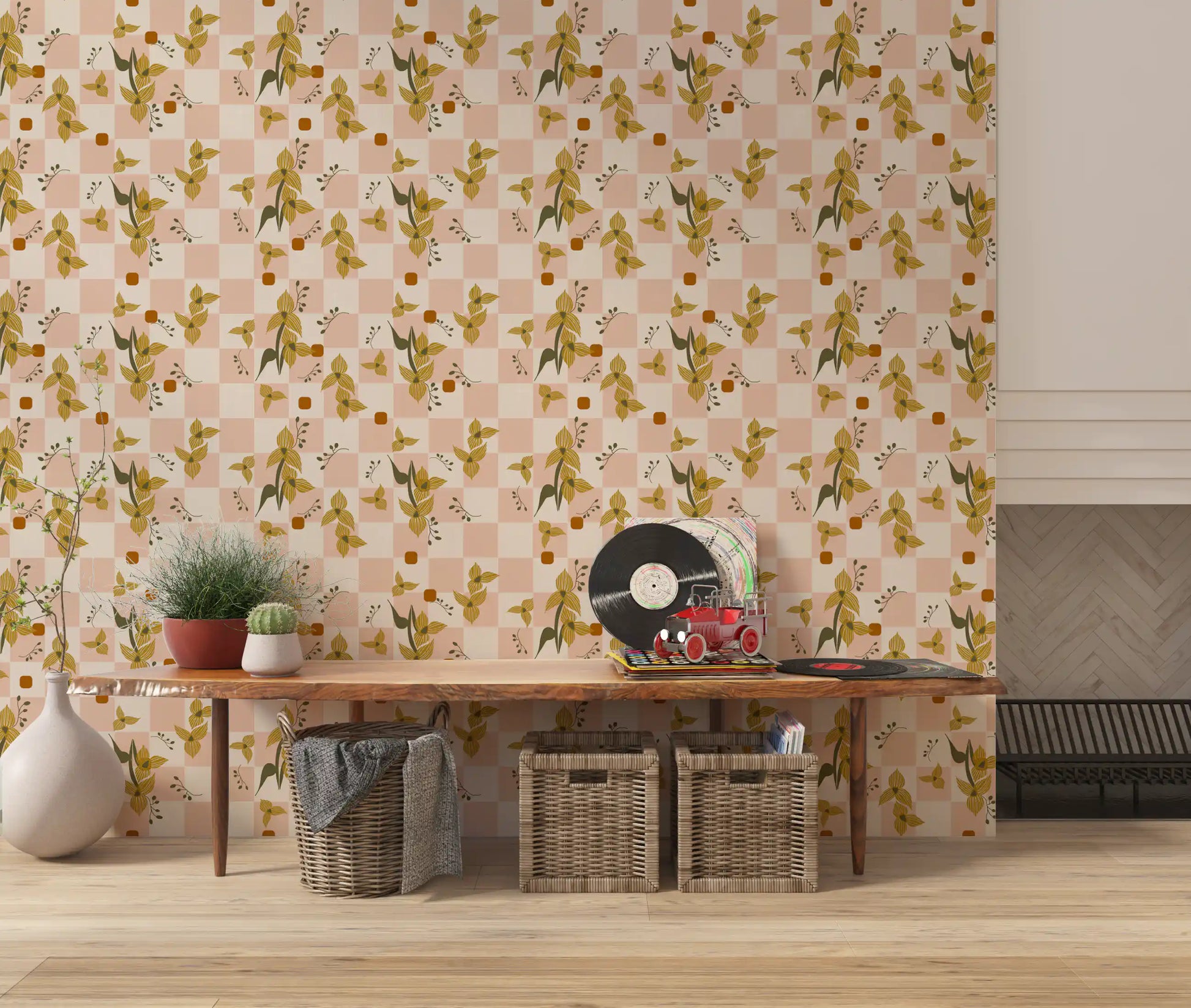 Home wall showing checker floral wallpaper with pink petal artwork
