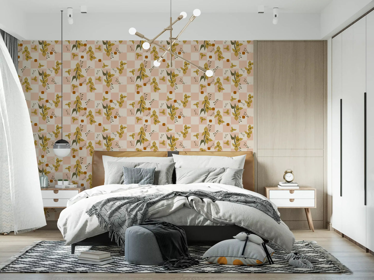 Floral checker wallpaper with blush blocks and mustard petal linework
