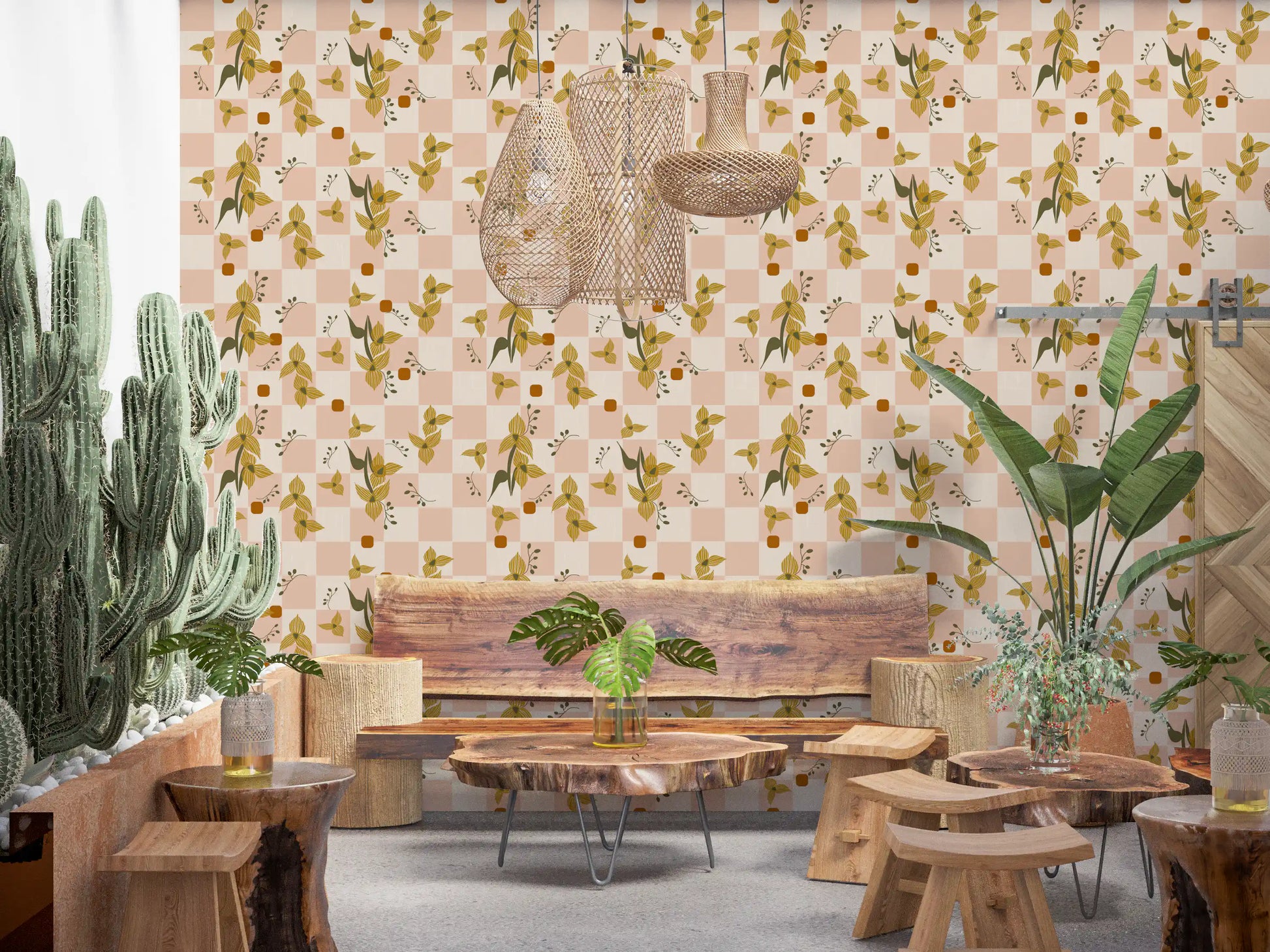 Hallway styled in Pink Floral Wallpaper with retro checker squares