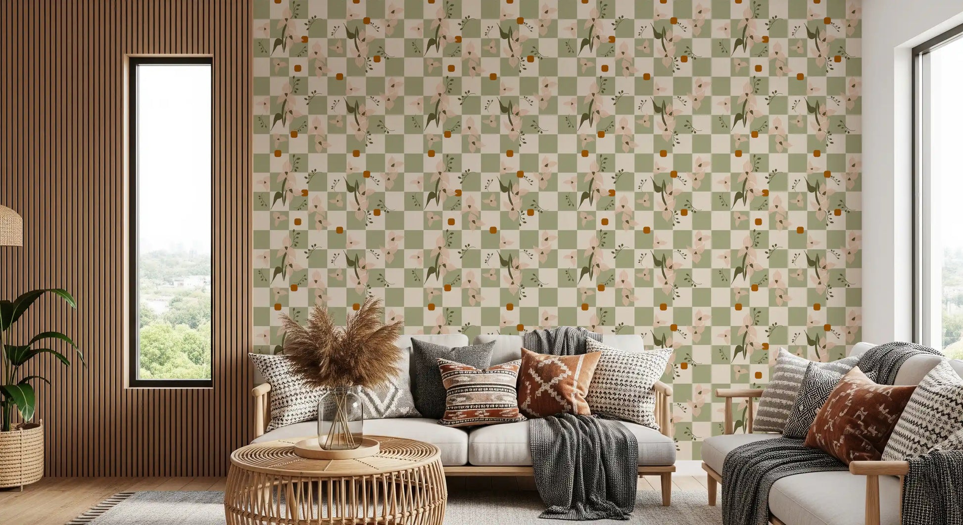 Hallway wall showing sage floral wallpaper with checked blush blocks