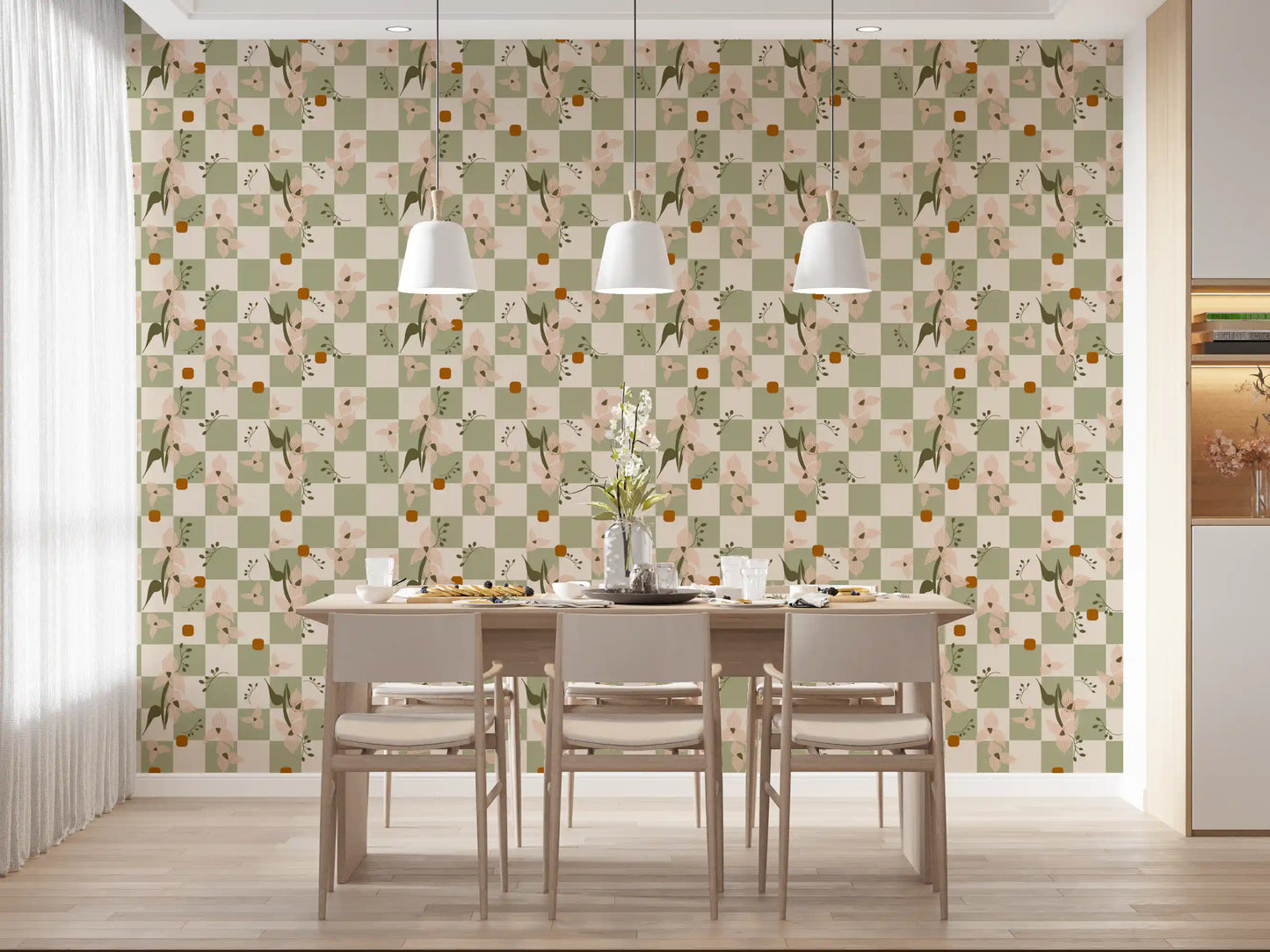 Dining room using floral checker wallpaper with soft botanical accents