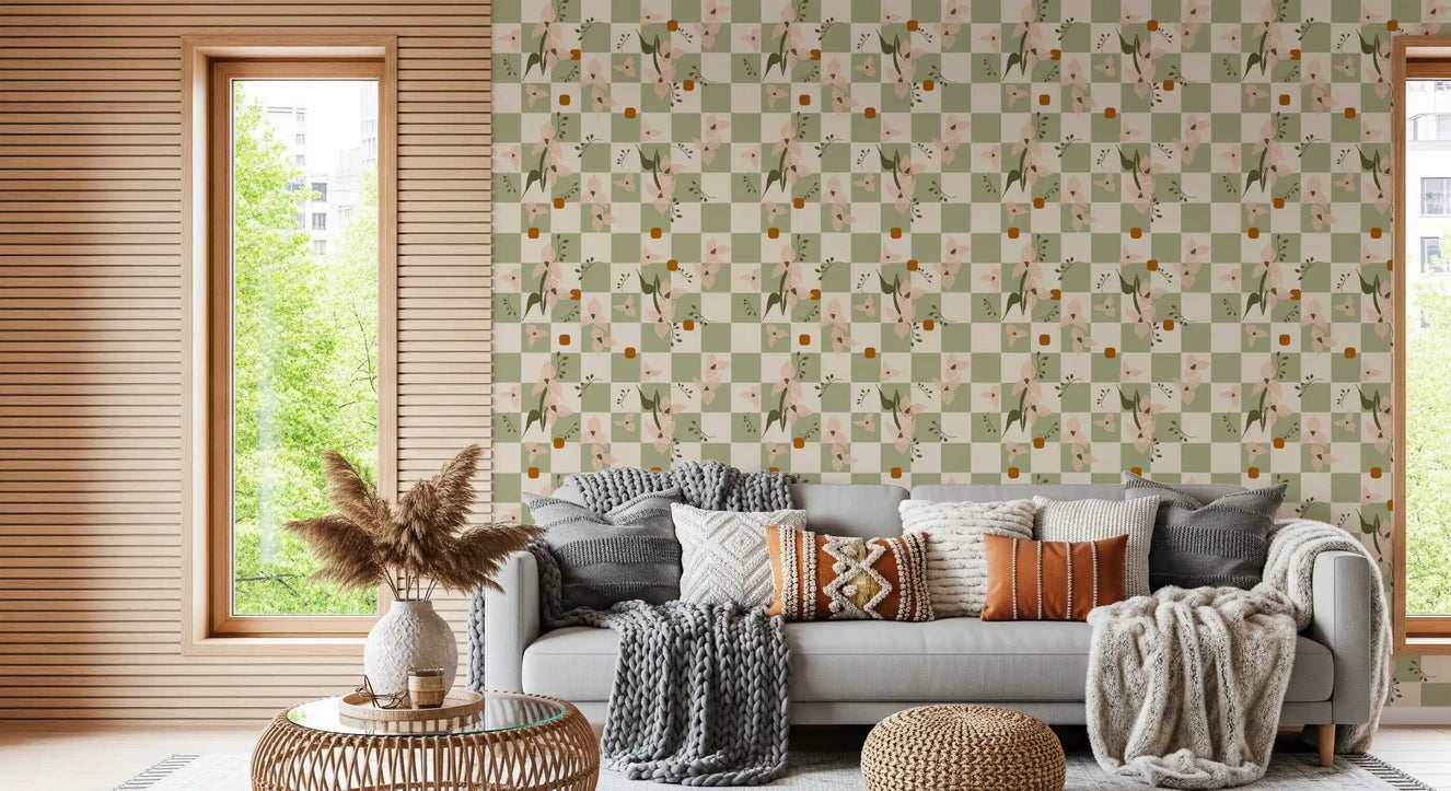 Living room with Sage Checker Floral Wallpaper in a soft retro boho layout