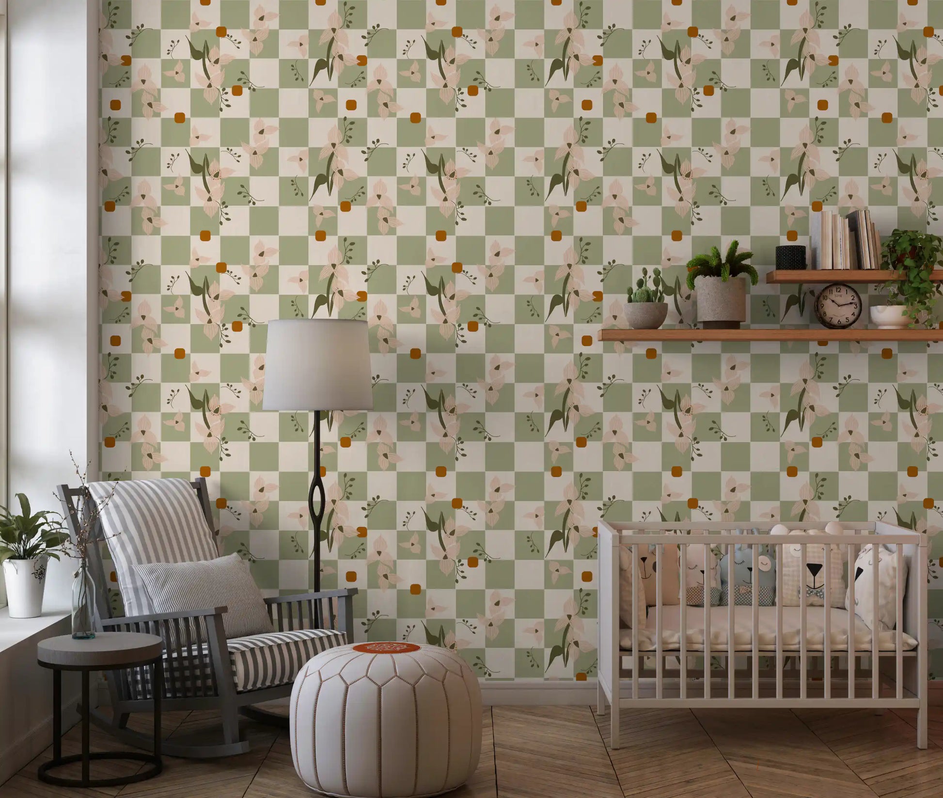 Boho floral wallpaper with muted green squares and blush botanical motifs