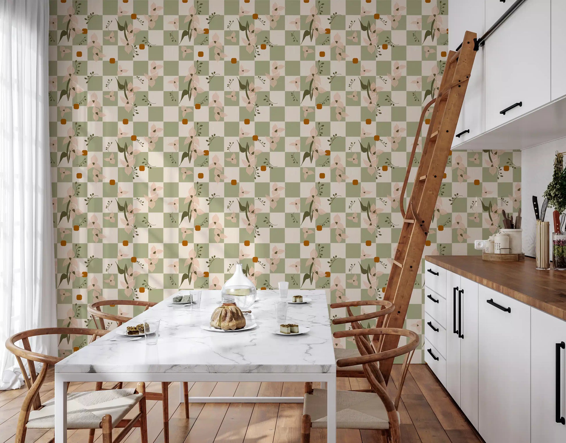Retro boho wallpaper featuring sage blocks, blush flowers, and warm accents