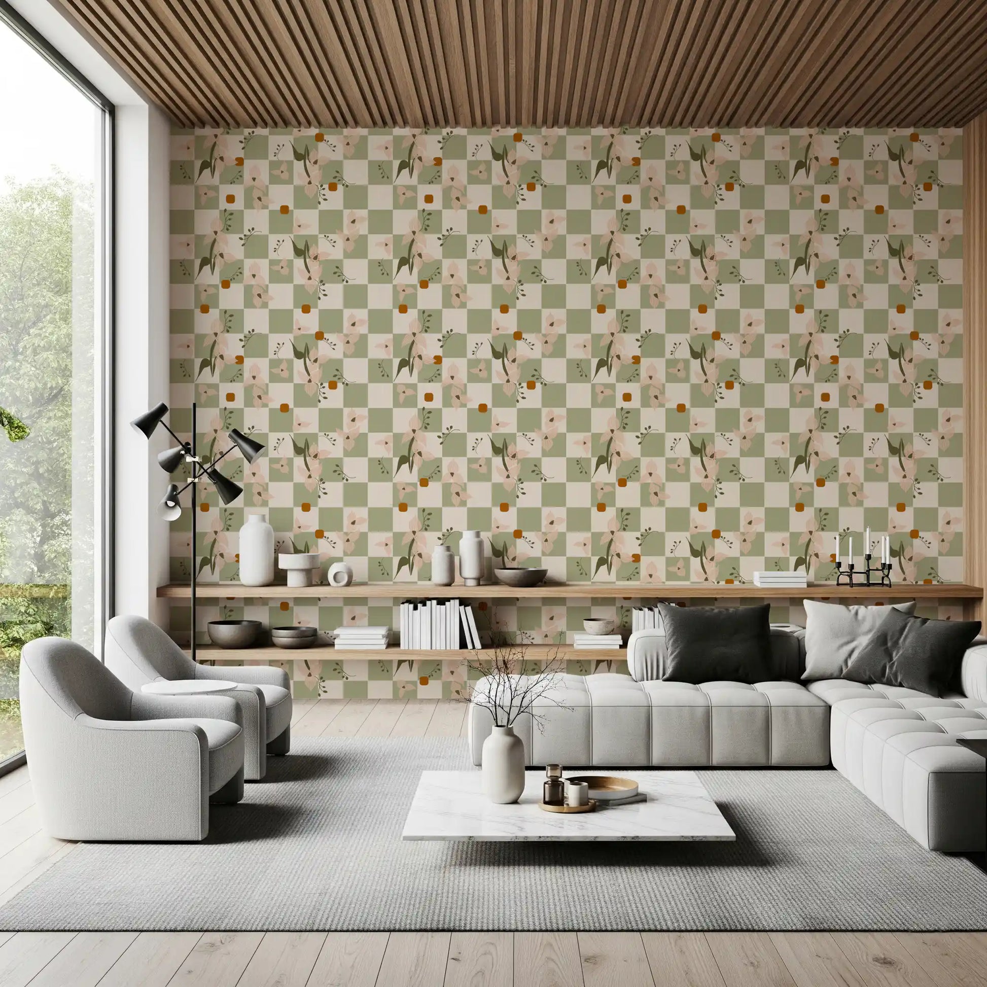 Sage bloom wallpaper showing cream petals across a checked pattern