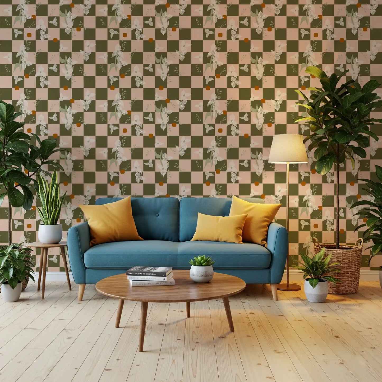 Boho floral wallpaper with soft flowers, rust dots, and olive square forms