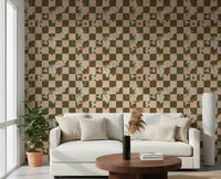 Office area with Olive Checker Floral Wallpaper in a warm retro boho pattern