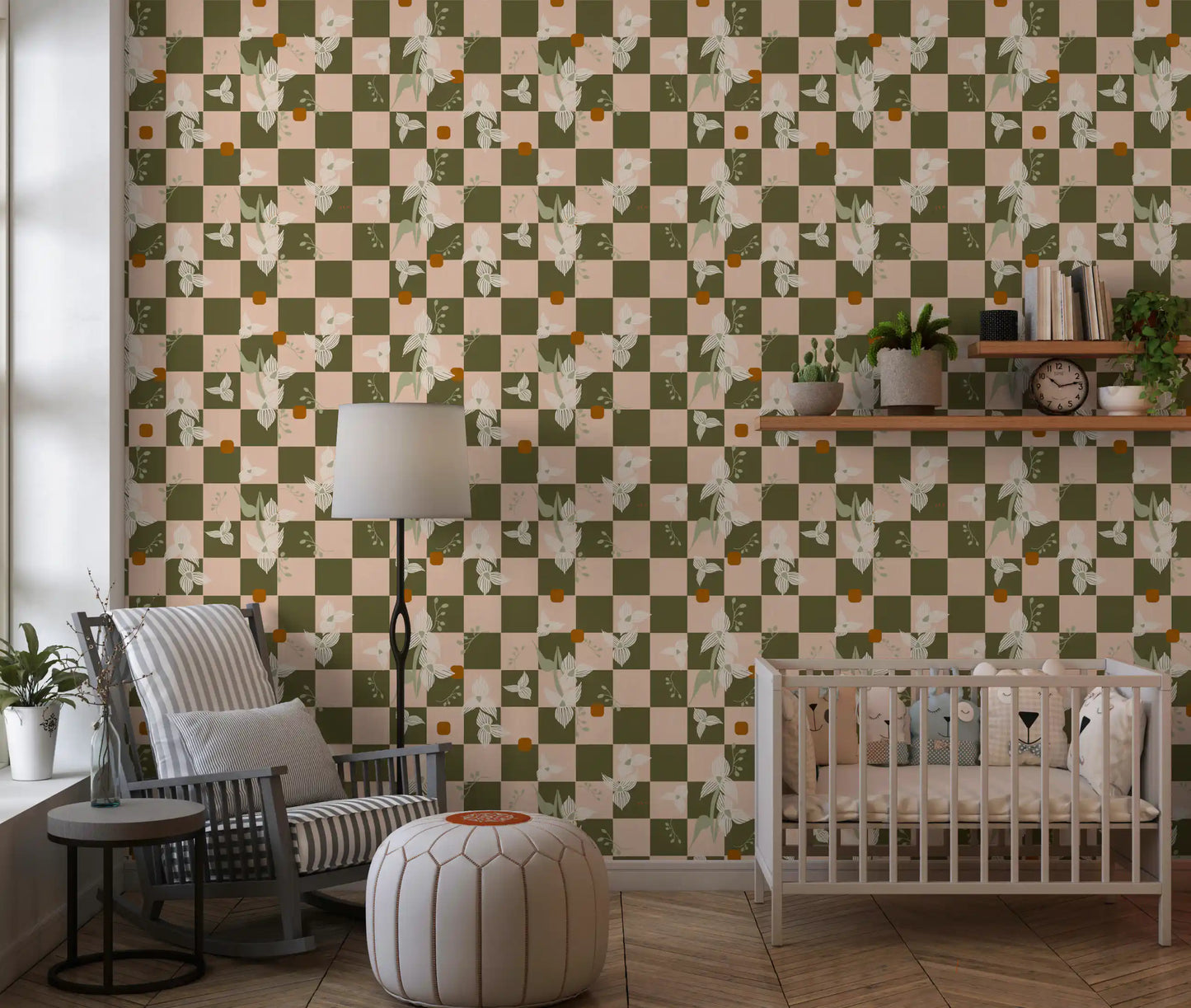 Kids room using checker wallpaper with cream flowers and olive panels