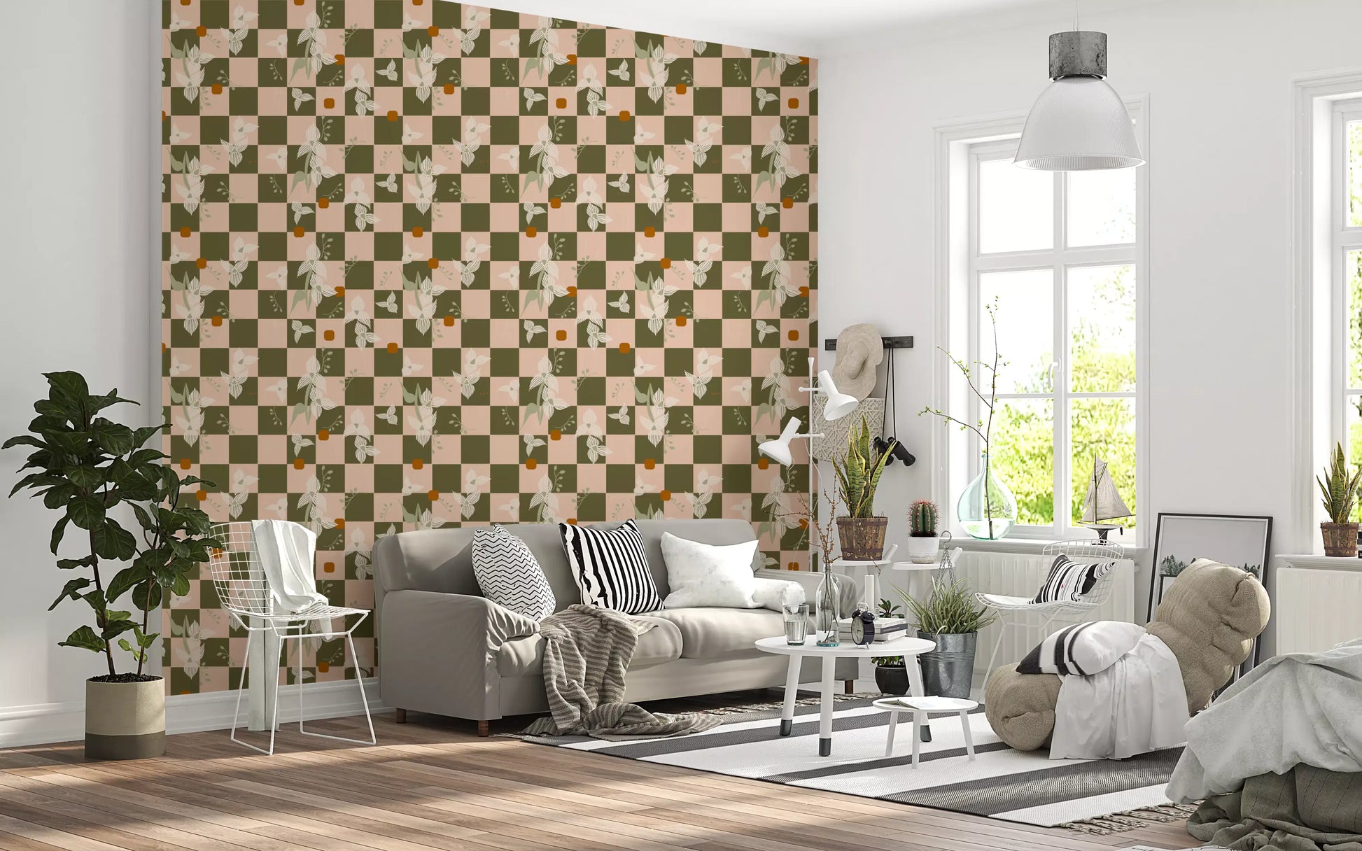 Olive Checker Floral Wallpaper with blush blocks and delicate floral artwork