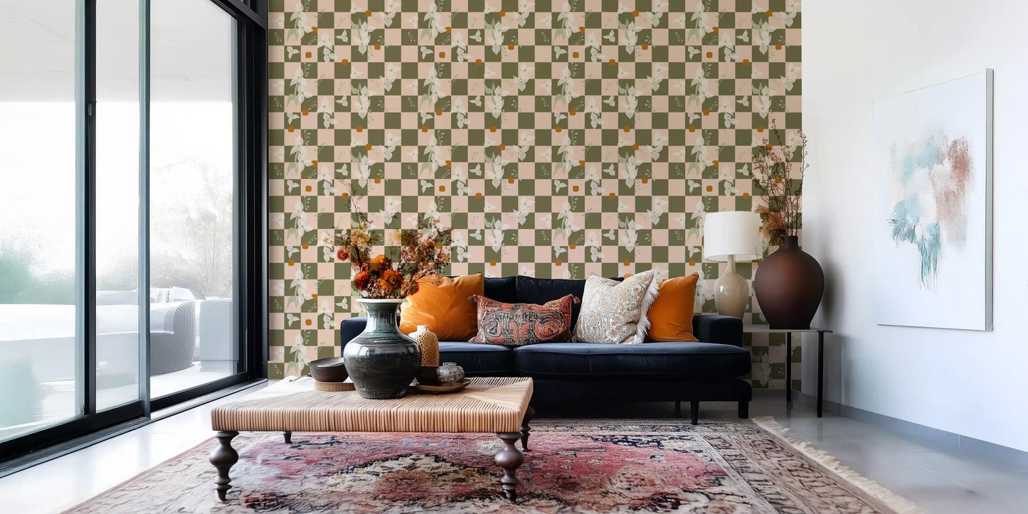 Olive bloom wallpaper showing botanical motifs across a checked pattern