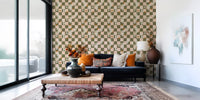 Olive bloom wallpaper showing botanical motifs across a checked pattern