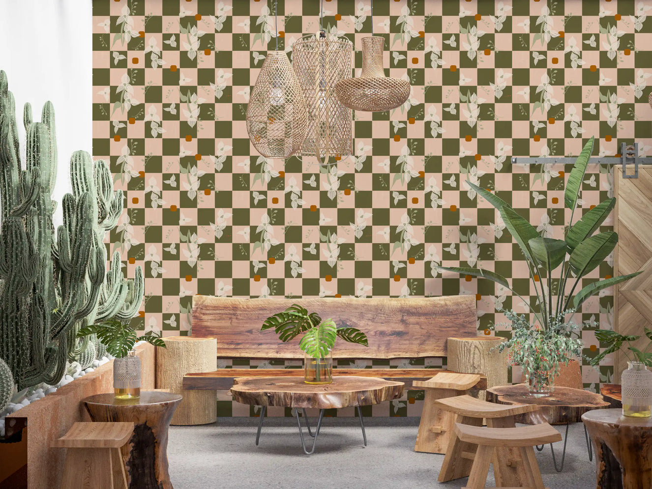 Cafe area wall showing checker floral wallpaper with olive squares and blush blooms