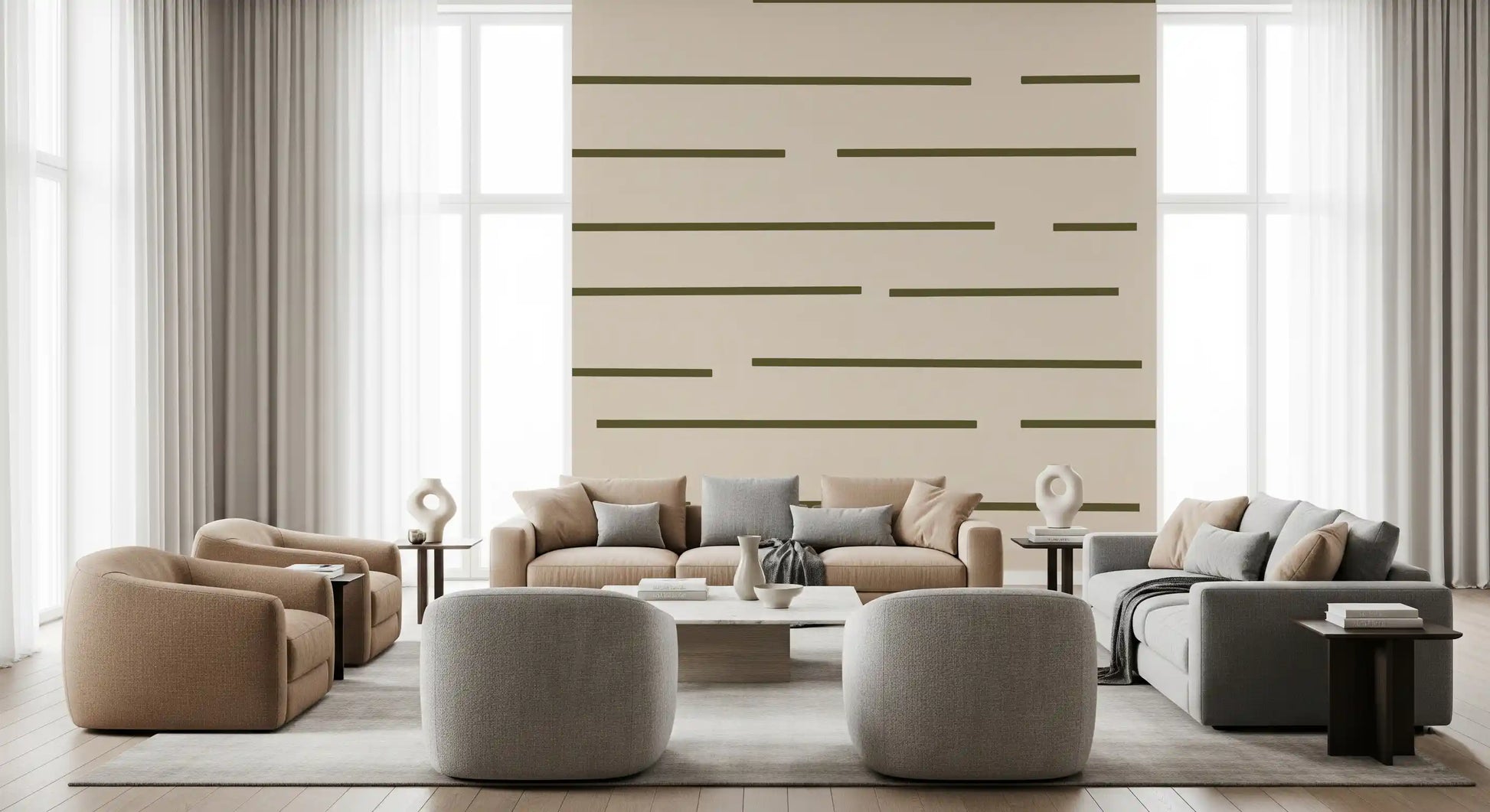 Olive Green Stripe Wallpaper with fine linework and soft neutral spacing