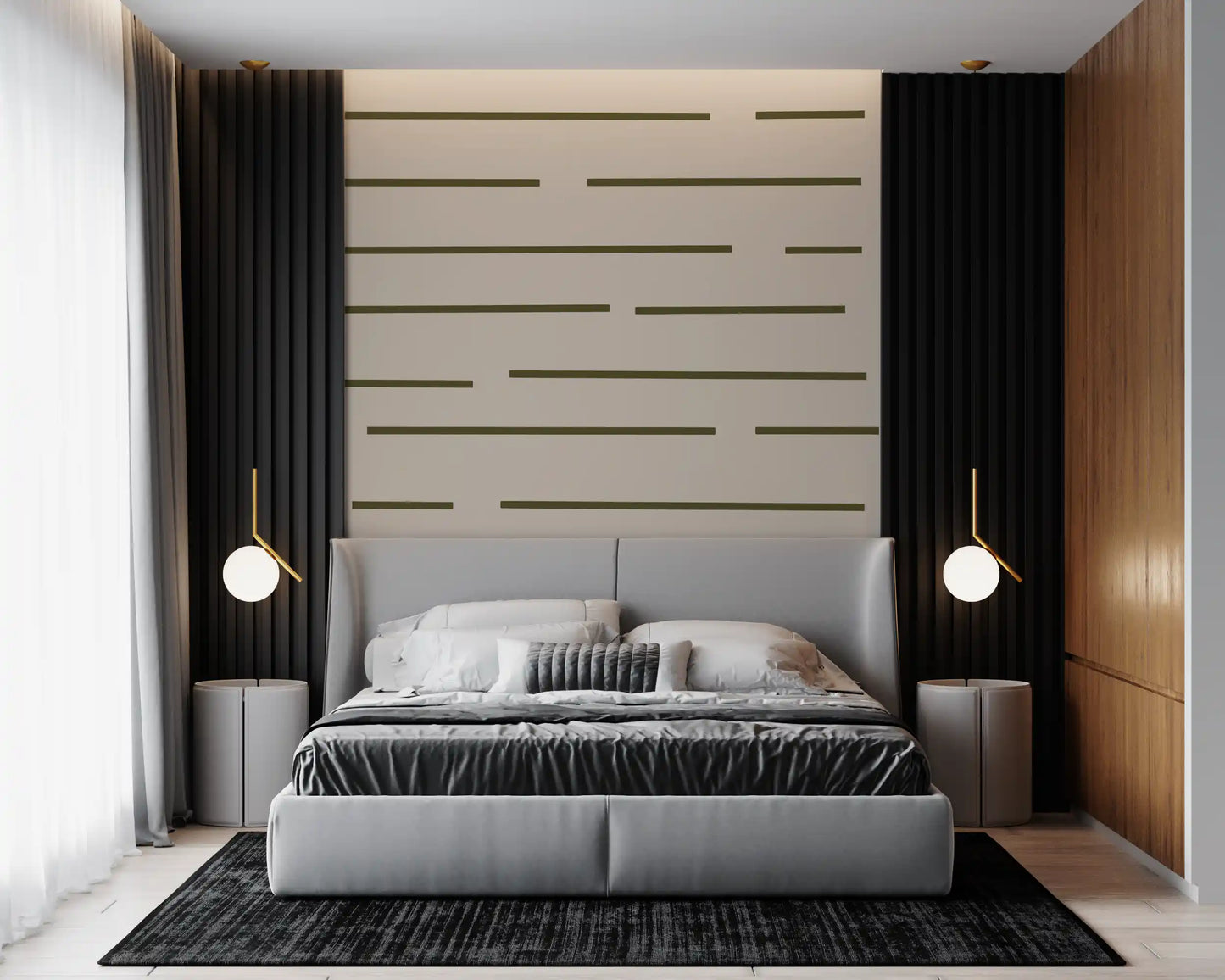 Bedroom wall featuring Scandinavian minimal wallpaper with muted olive stripes