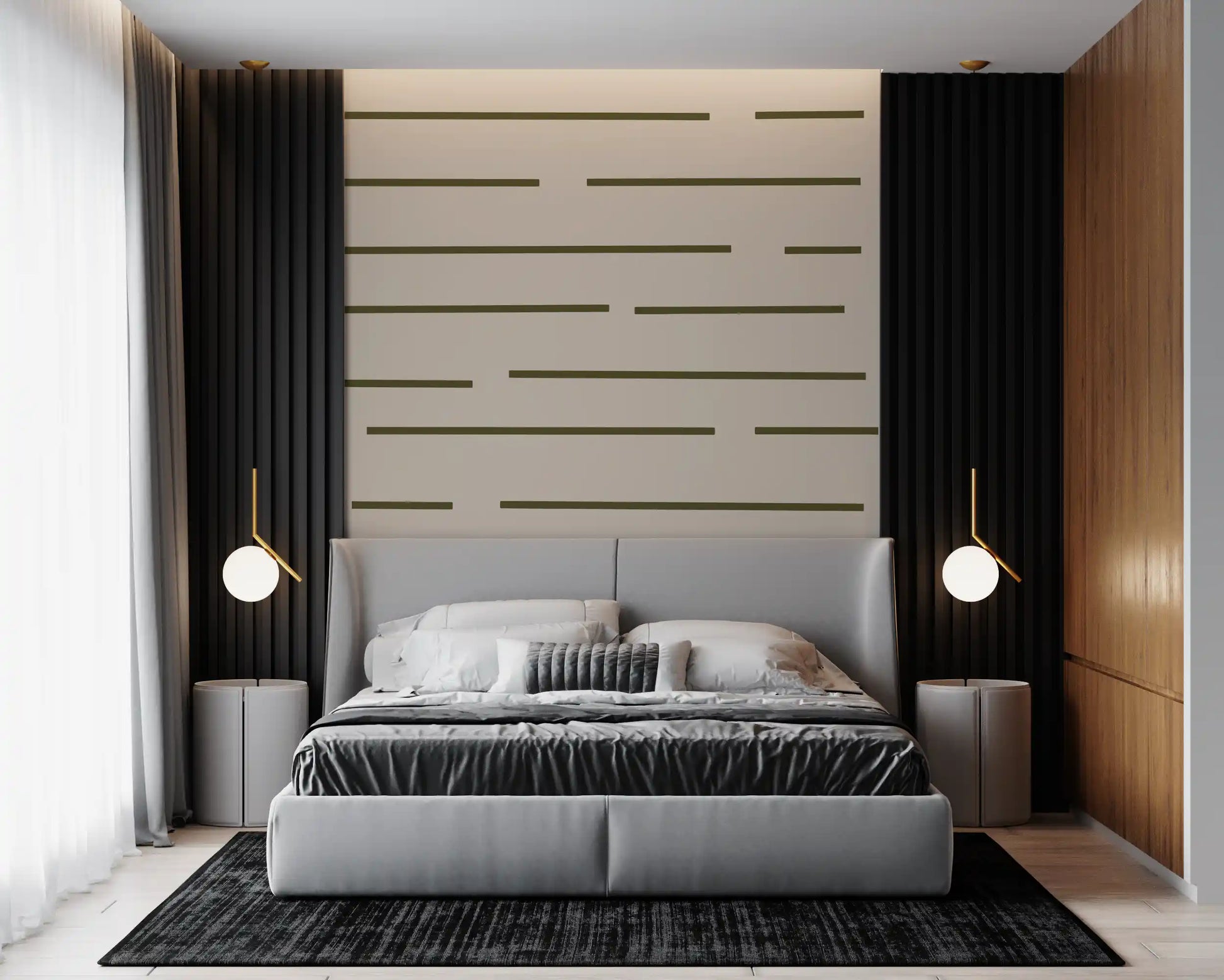 Bedroom wall featuring Scandinavian minimal wallpaper with muted olive stripes