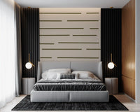 Bedroom wall featuring Scandinavian minimal wallpaper with muted olive stripes