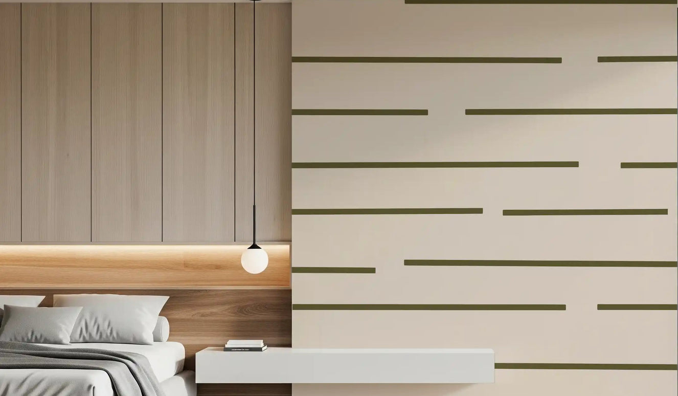 Bedroom wall using Olive Green Wallpaper and slim linear detailing