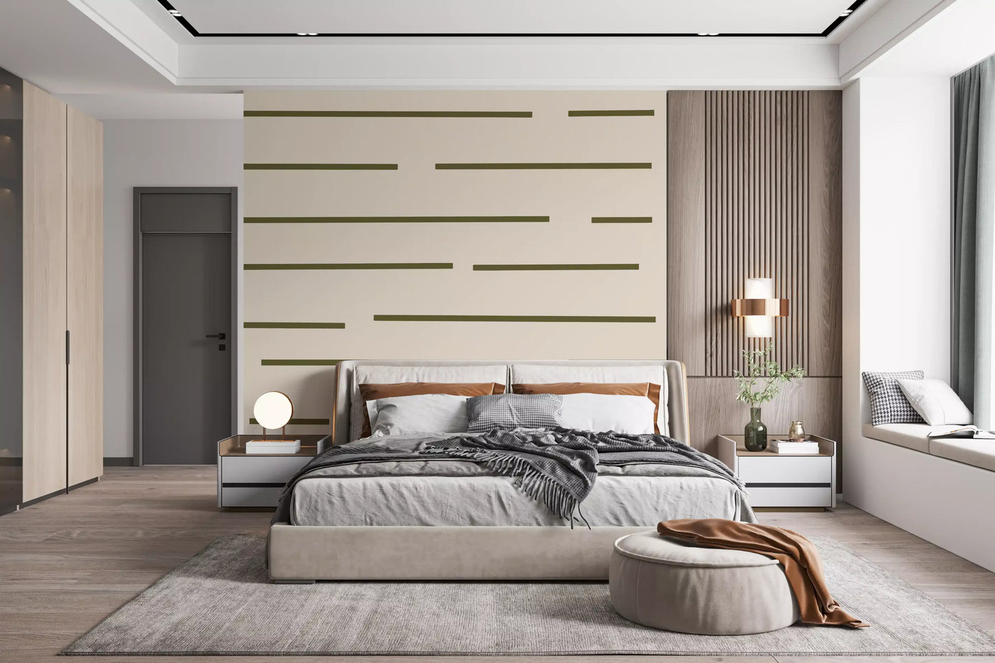 Bedroom wall showing olive green stripe wallpaper with clean Nordic linework