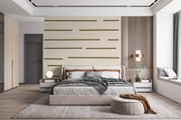 Bedroom wall showing olive green stripe wallpaper with clean Nordic linework