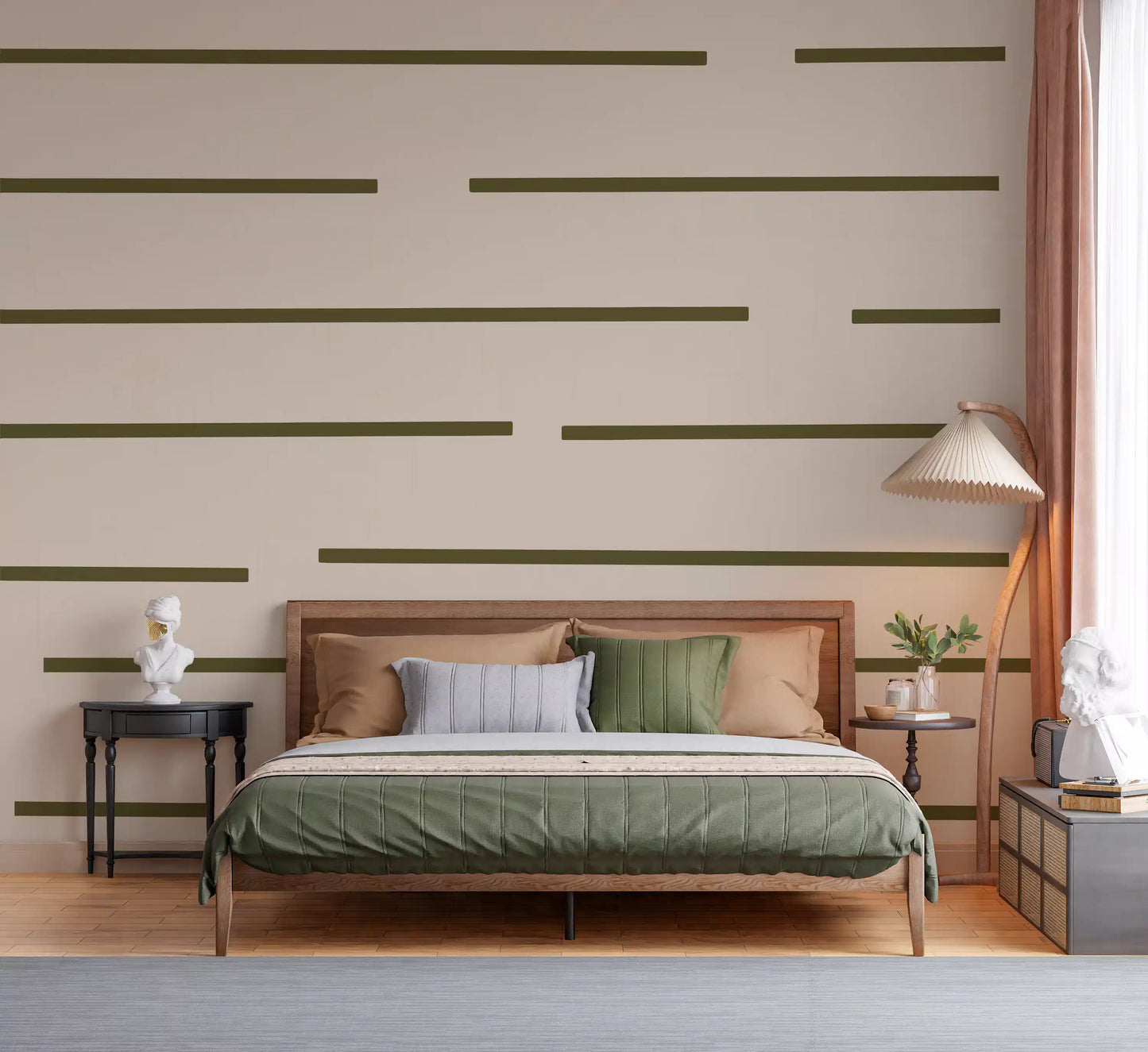 Bedroom wall styled with stripe wallpaper in a calm Scandinavian pattern