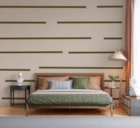 Bedroom wall styled with stripe wallpaper in a calm Scandinavian pattern