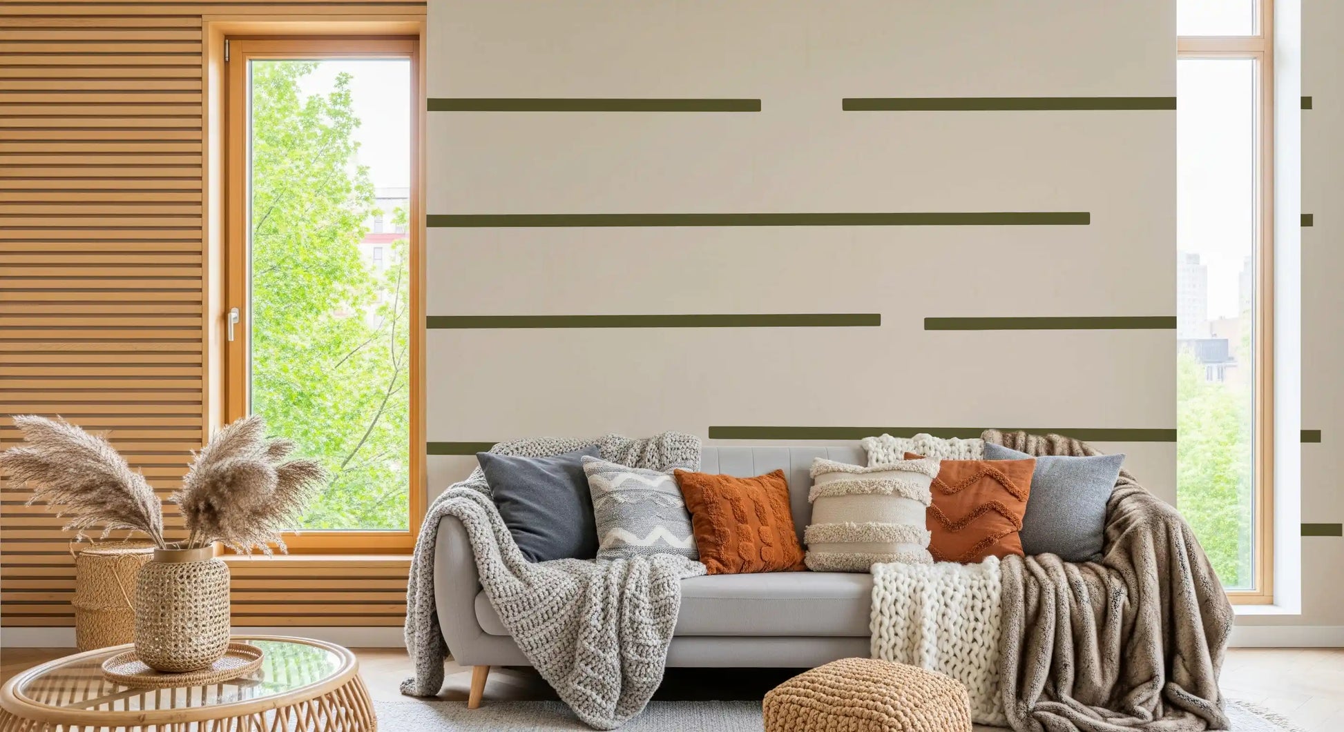Olive green wallpaper featuring a simple striped layout and quiet rhythm