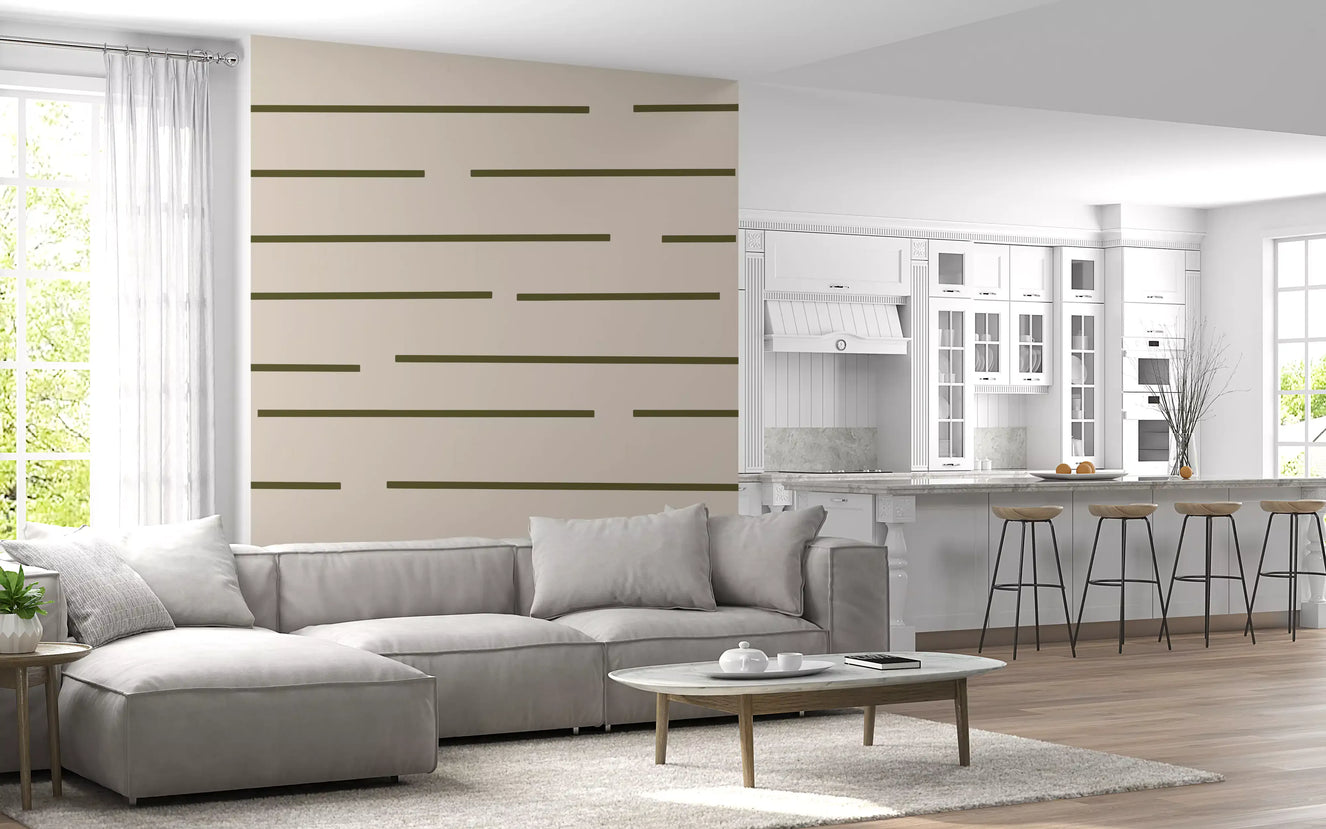 Living room wall with Olive Green Stripe Wallpaper in a Scandinavian minimal look