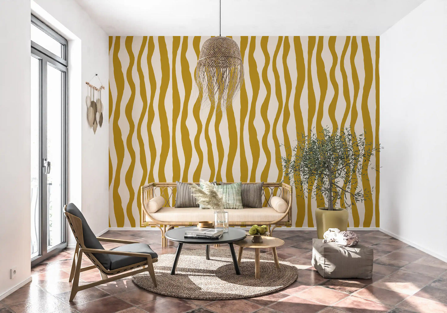 Living room Retro Boho Wallpaper with golden vertical stripe movement