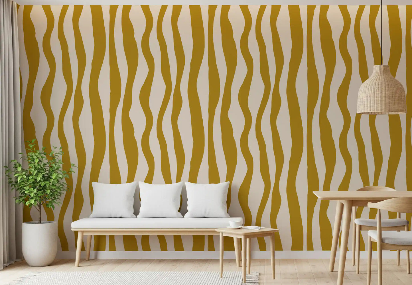 Boho wavy wallpaper with mustard linework and casual vertical rhythm