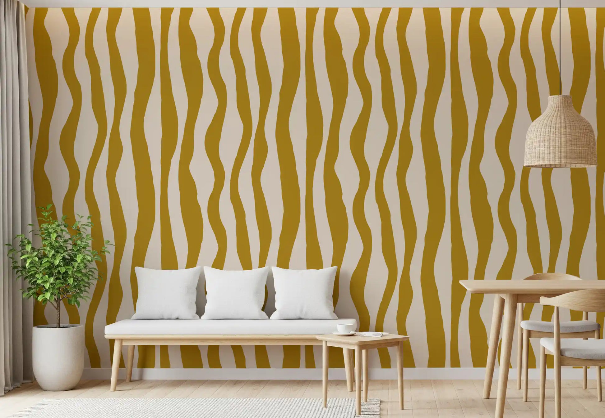 Boho wavy wallpaper with mustard linework and casual vertical rhythm