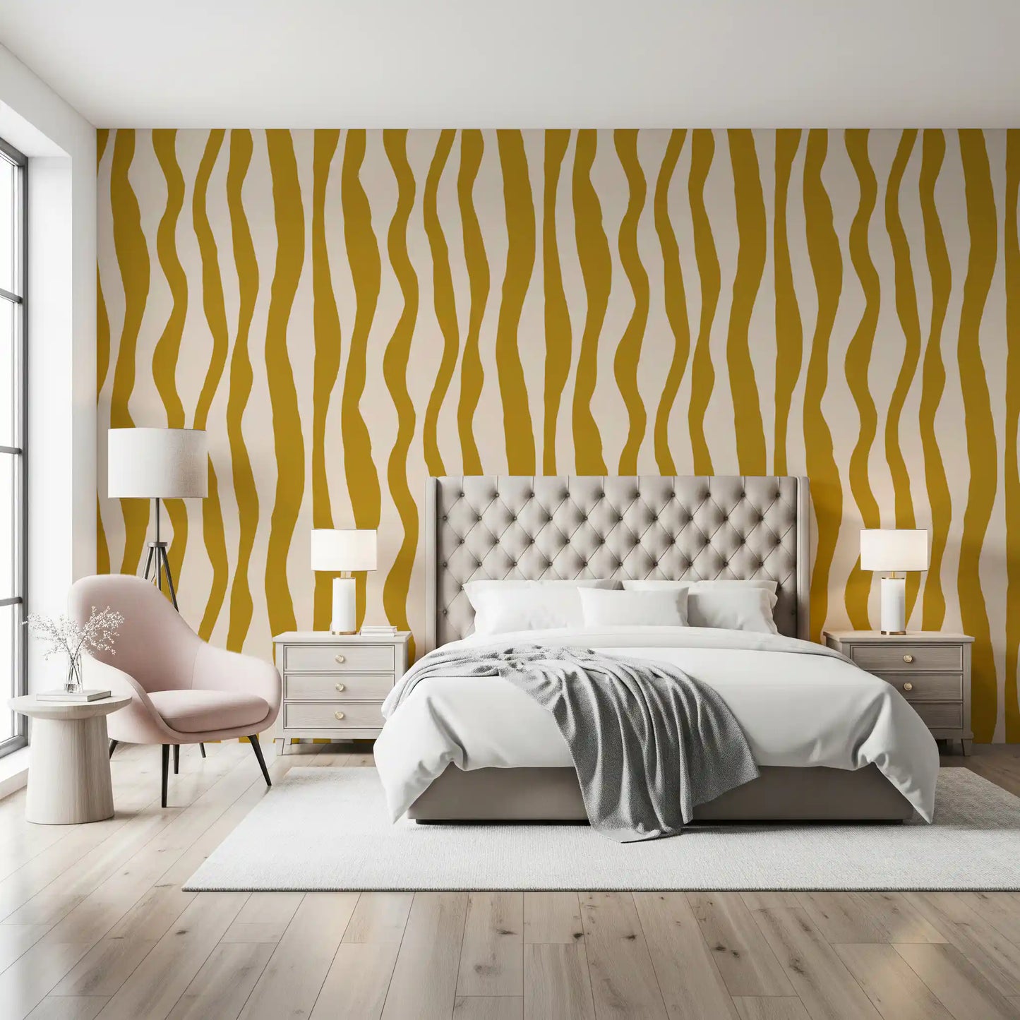 Mustard Wavy Stripe Wallpaper with freeform bands and earthy contrast