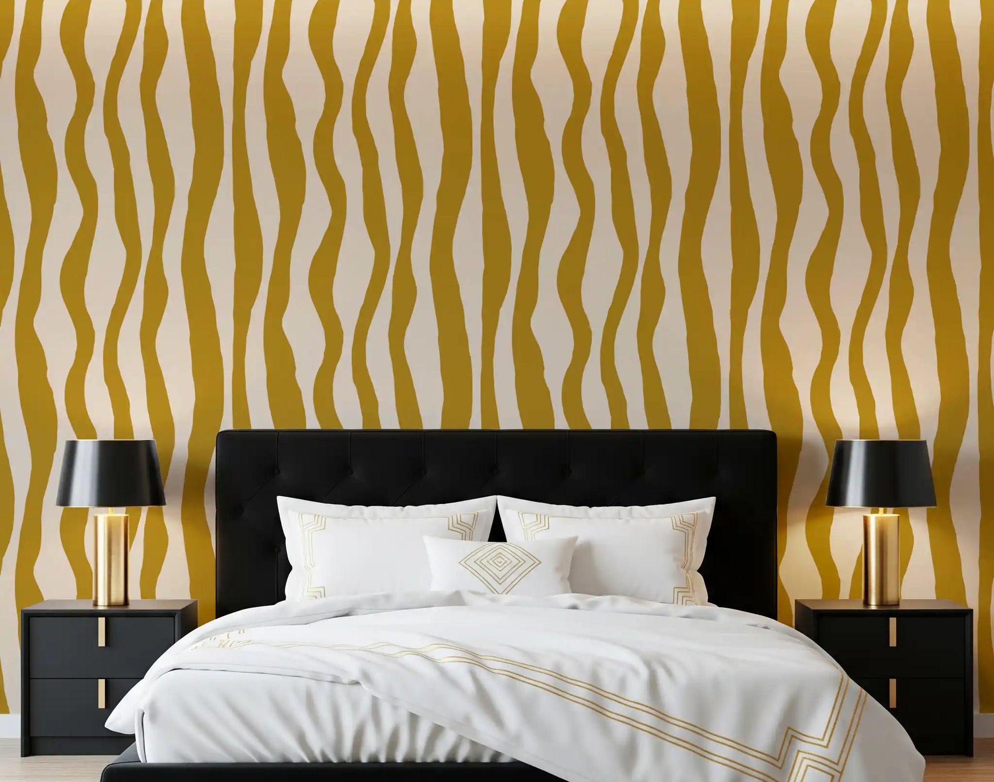 Bedroom Mustard Wavy Stripe wallpaper with warm flowing band detail
