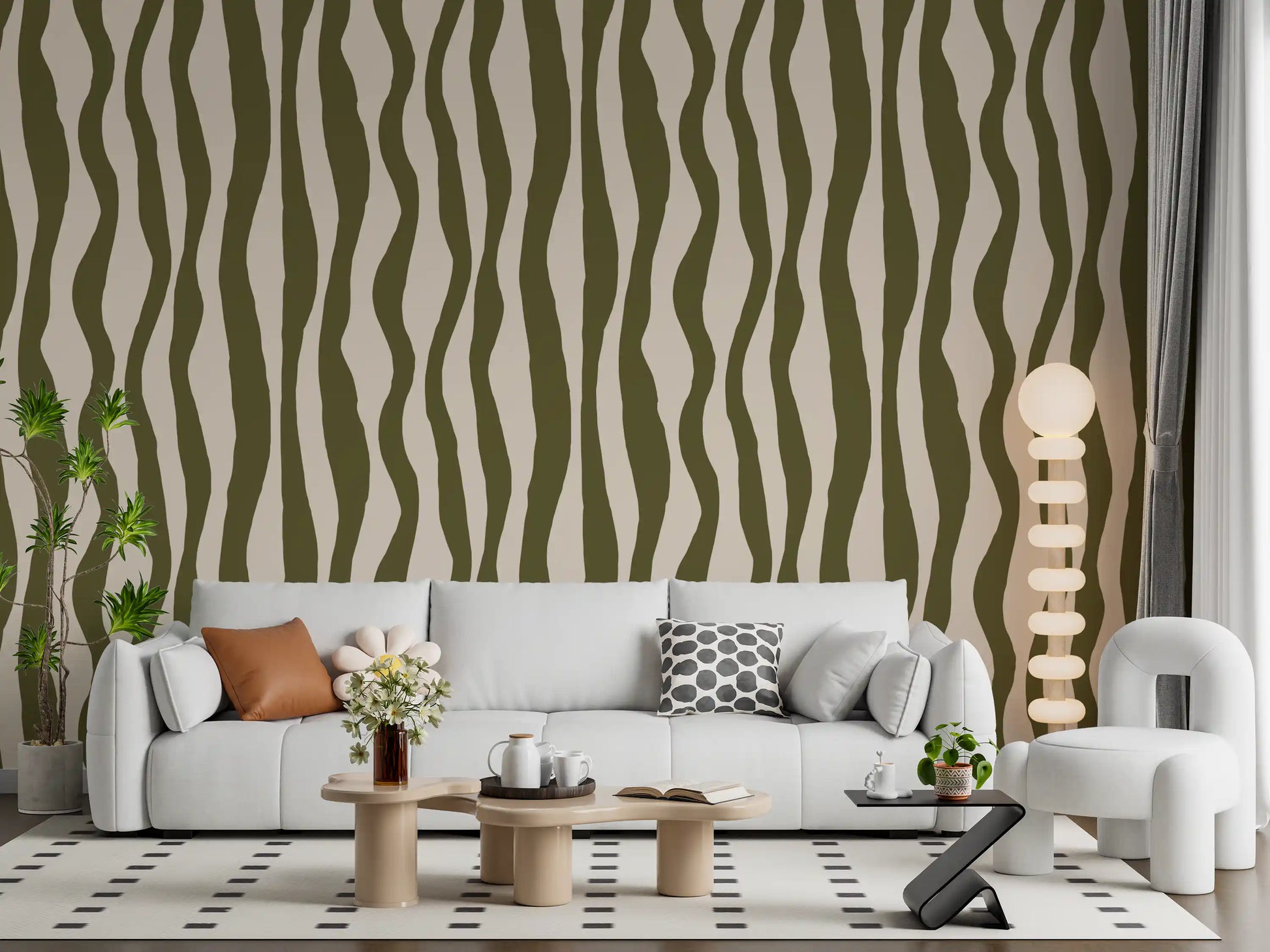 Living room Wavy Stripe Wallpaper with calm sage bands and neutral spacing