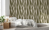Boho wallpaper featuring muted sage waves and airy pattern balance