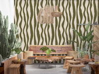 Cafe area Scandinavian Boho wallpaper with muted green line flow