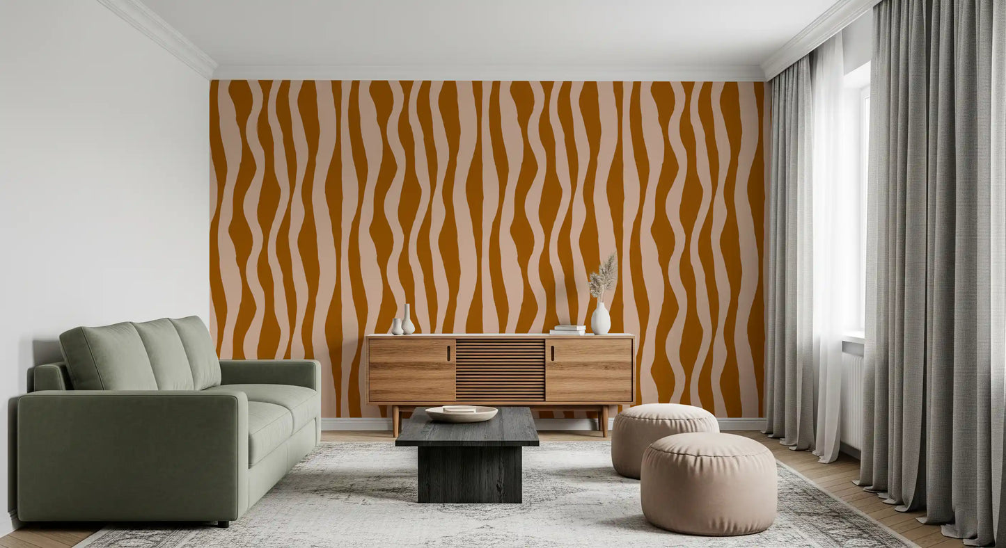 Wavy stripe wallpaper with earthy bands and a playful vintage mood