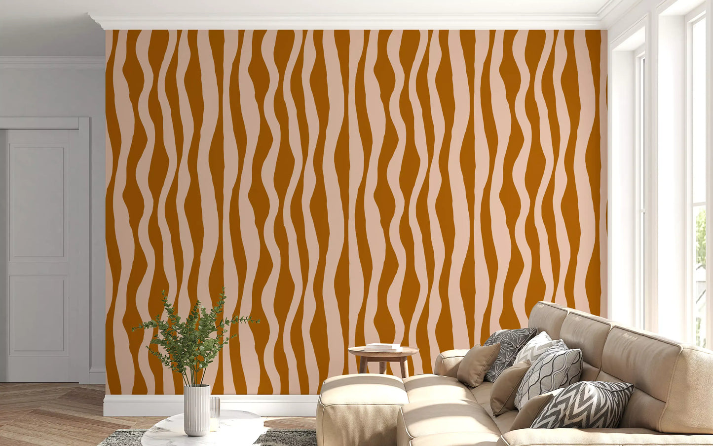 Terracotta Pink Wavy Stripe Wallpaper with vertical curved bands