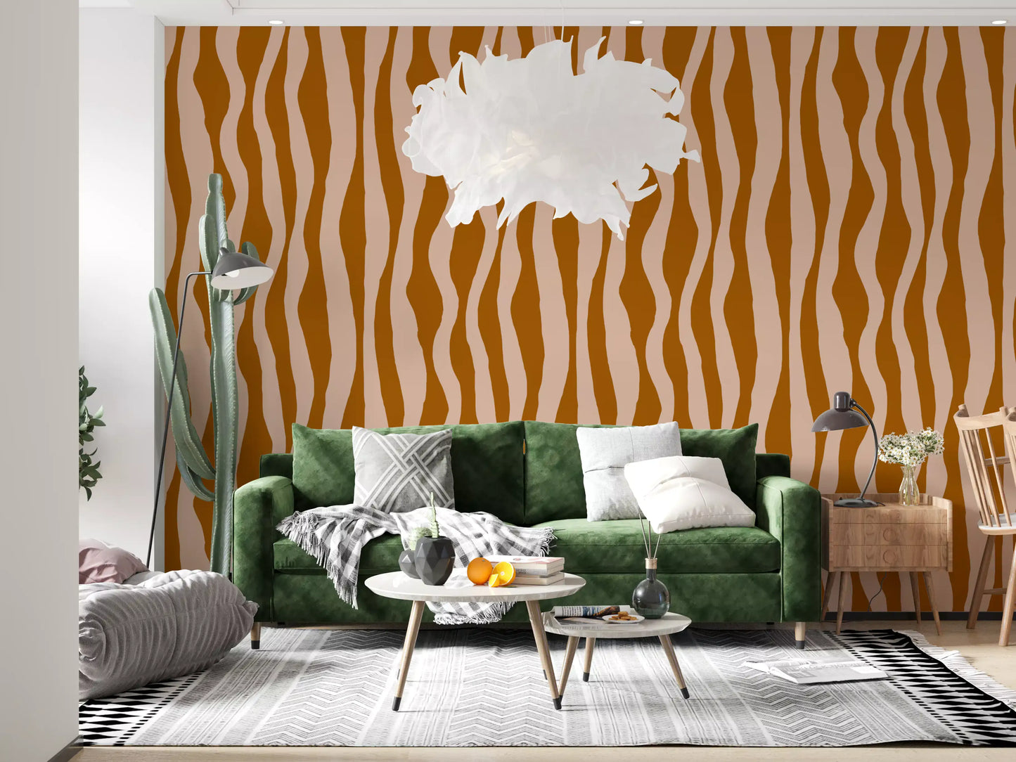 Living room with Terracotta Pink Wallpaper in a loose striped pattern