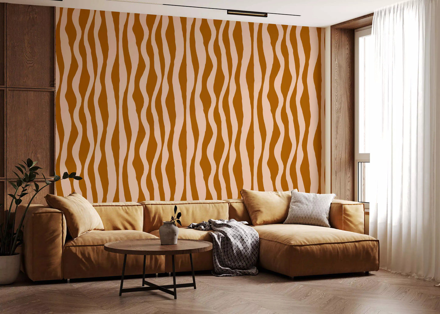 Hallway styled in Wavy Stripe Wallpaper with warm terracotta movement