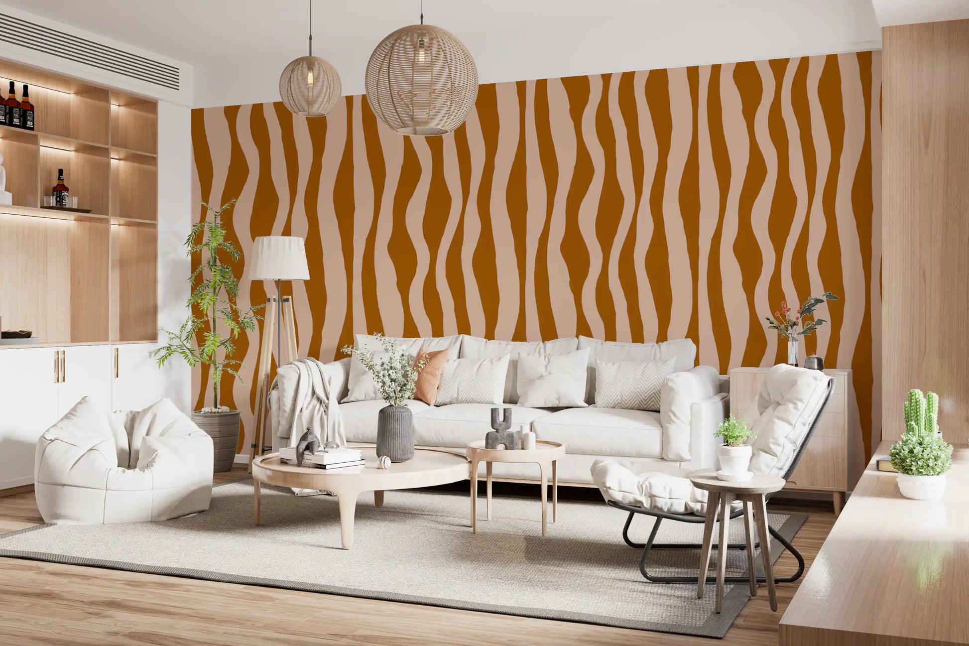 Terracotta stripe wallpaper showing organic lines and warm tonal balance