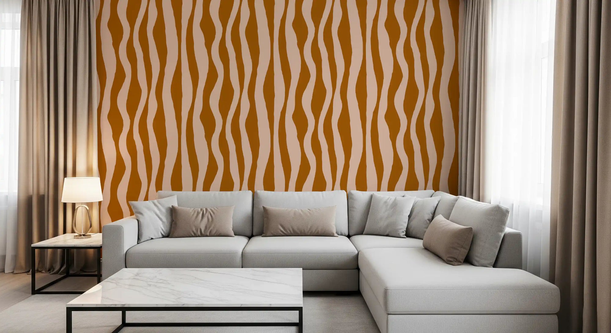 Living room with Terracotta Pink Wavy Stripe Wallpaper in a retro boho look