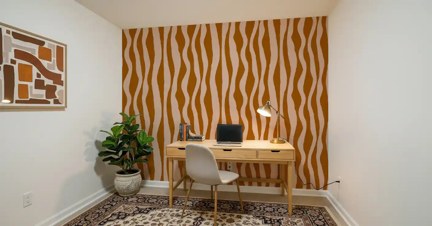Office room using Retro Boho Wallpaper and flowing pink stripe detail