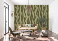 Office wall Olive Stripe Wallpaper with soft wavy green linework