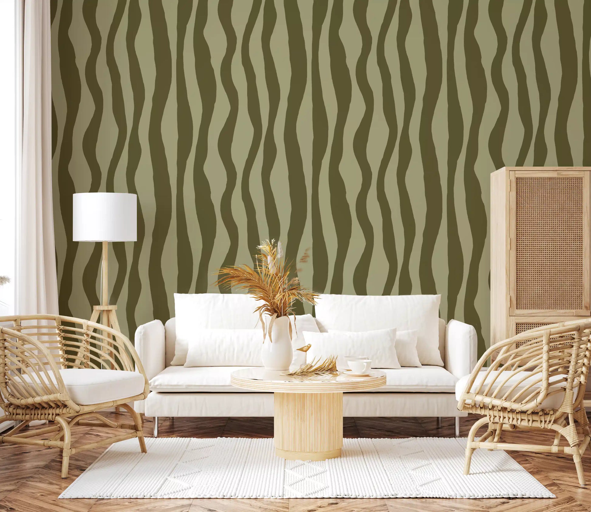 Living room Wavy Stripe Wallpaper in muted olive and sage green tones