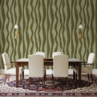 Olive retro wallpaper featuring irregular stripes and earthy color balance