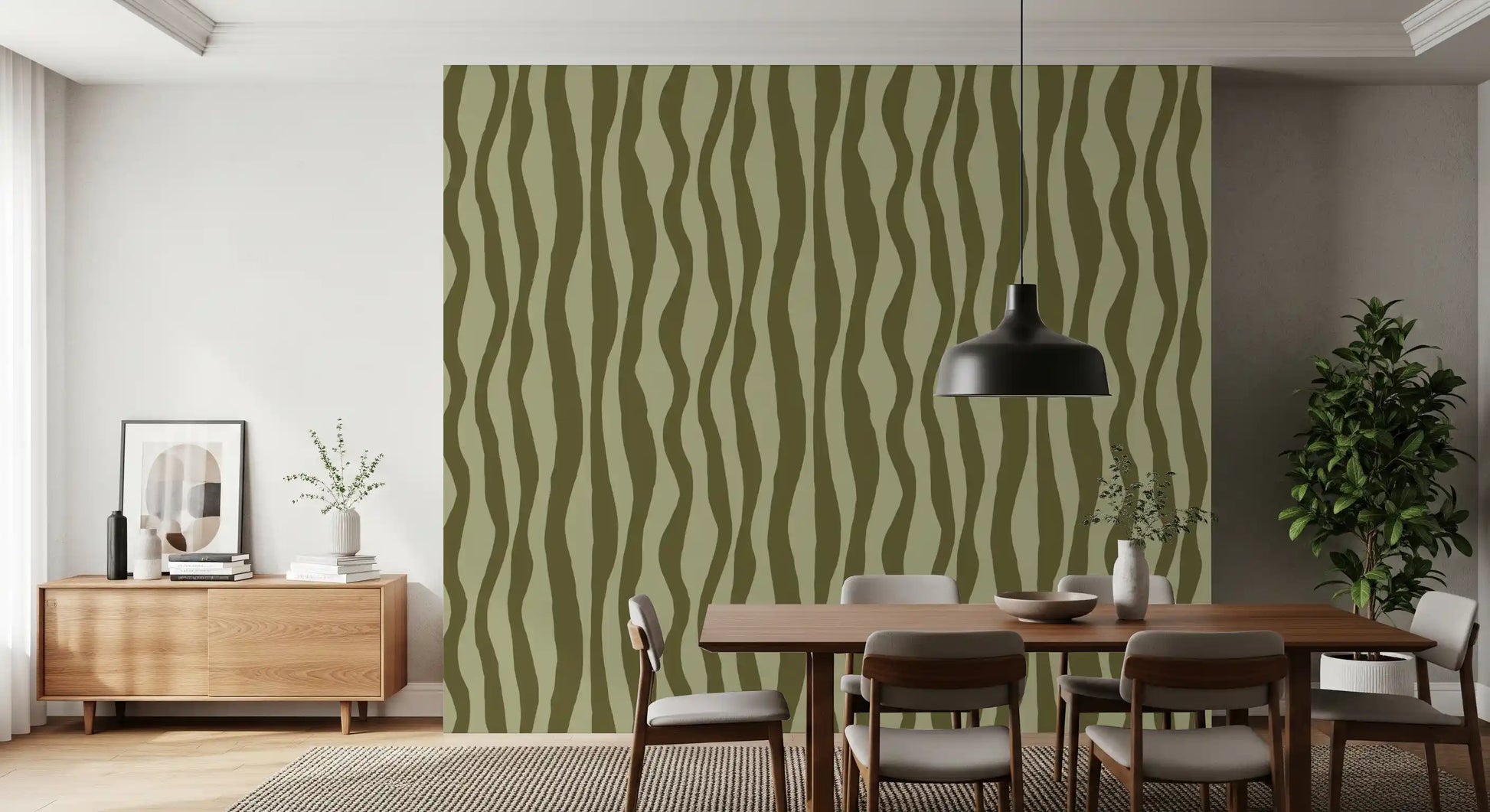 Dining room Green Wavy Wallpaper with relaxed vintage stripe flow