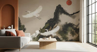 Ink Wash Sumi Wall Mural with white cranes, red sun, and smoky landscape