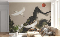 Sumi landscape wall mural with flying white birds and muted red sun